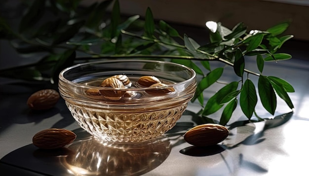 Photo an almond and date in a bowl of water with leaves in the style of gridbased