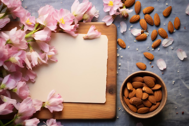 Photo almond dessert in a romantic pink and pastel blue palette