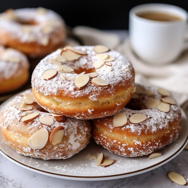 Photo almond donuts on a plate on a white table