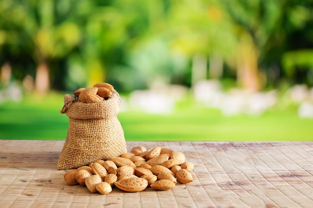 almond, filbert in burlap sack and in brown bowl on wooden table. heap or stack of almond. in front