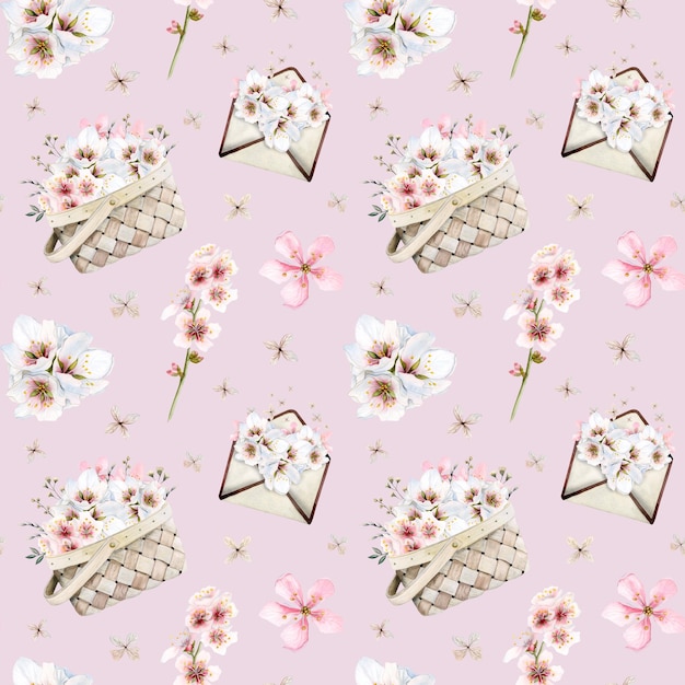 Almond flowers in baskets and envelopes seamless pattern watercolor background on pink for wedding