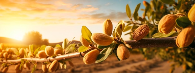 Almond grows on a tree in the harvest garden Generative Ai