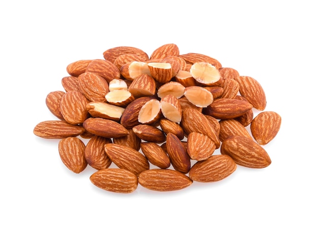 Almond isolated. Group of nuts on white background. Collection. Clipping path included. Full depth of field.