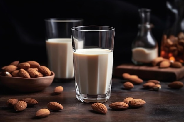 Almond milk in a glass and almonds on a table