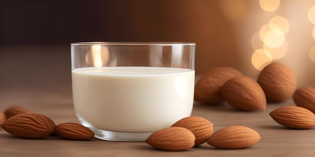 Almond milk in the glass on the table bokeh lights background copy space