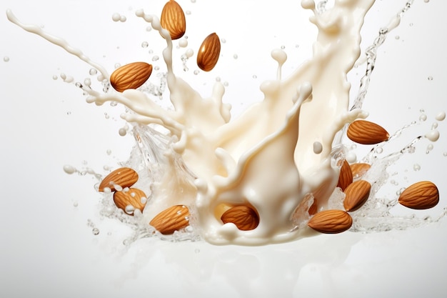 Photo almond in milk splash closeup isolated on a white background generative ai