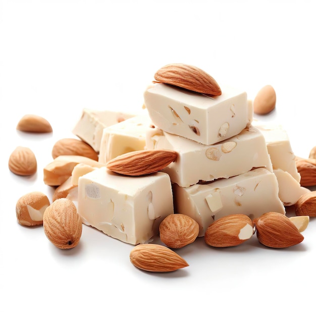 Almond nougat pieces on white background