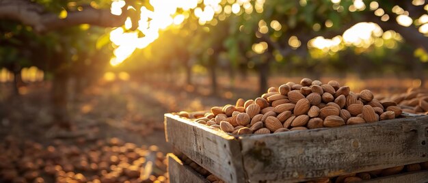 Almond nuts collected in a wooden box on a plantation at twilight There is an abundance of natural organic fruit Agriculture a healthy natural food concept Generative AI