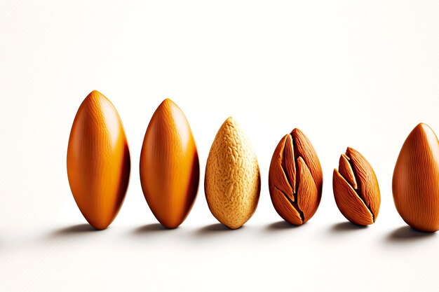 Photo almond nuts lined up in row in height on white background