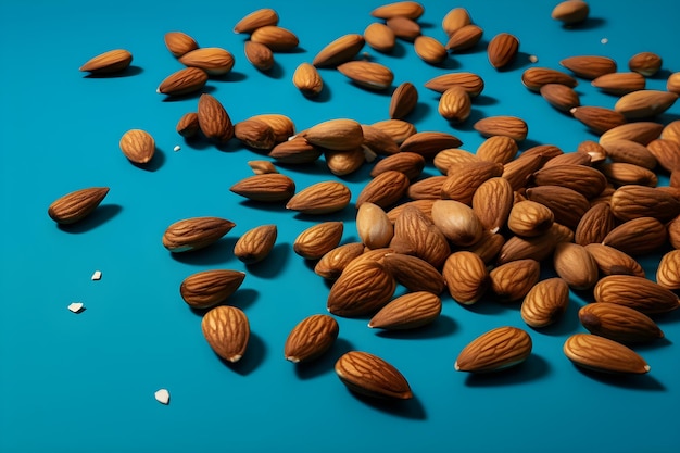 Фото Миндальные орехи с копирайтом на синем фоне