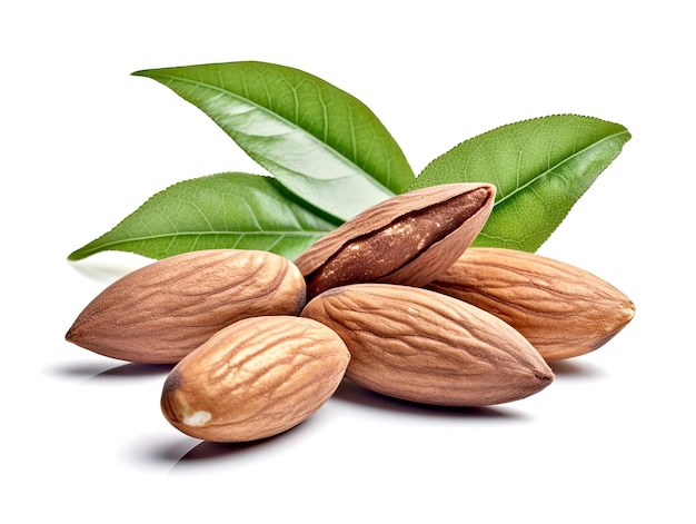 Almond nuts with leaves isolated on white background