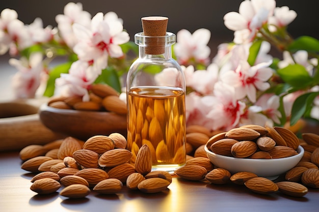 Photo almond oil bottle with almond