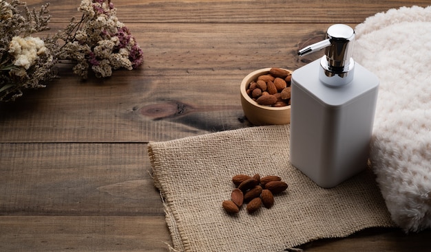 Almond seeds and soap dispenser