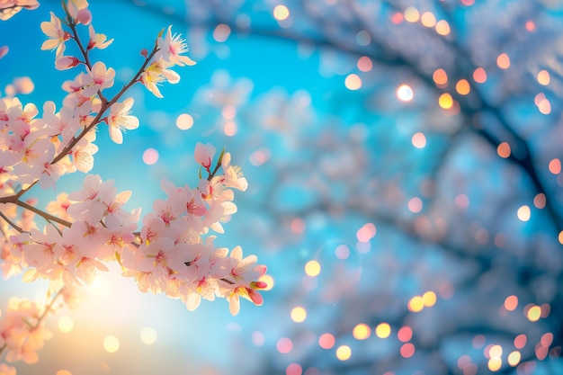 Almond tree branches in bloom and with blue sky out of focus in the background and copy space