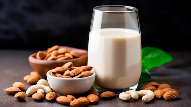 Photo almonds and almond milk in glass