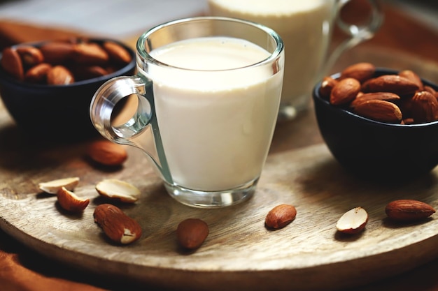 Almonds and almond milk in a glass