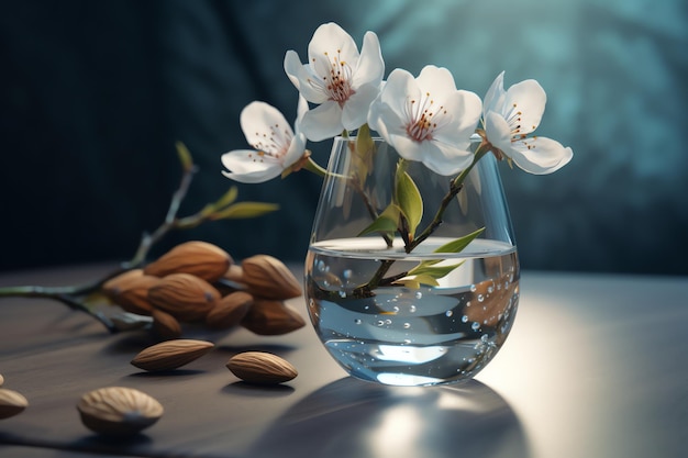 Almonds are in a glass vase and the almonds are on a table.