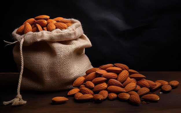 Almonds in Bag from Sacking on Dark Background Aromatic Delights