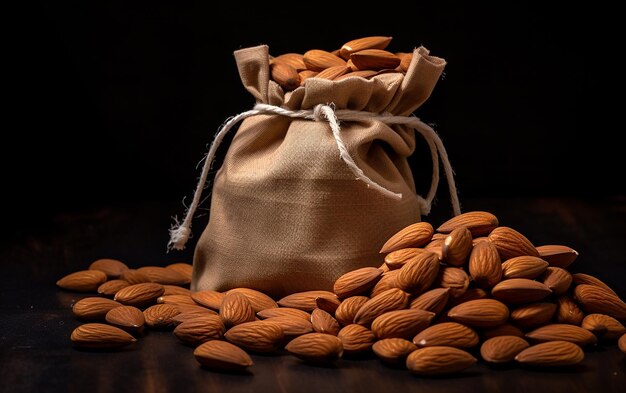 Almonds in Bag from Sacking on Dark Background