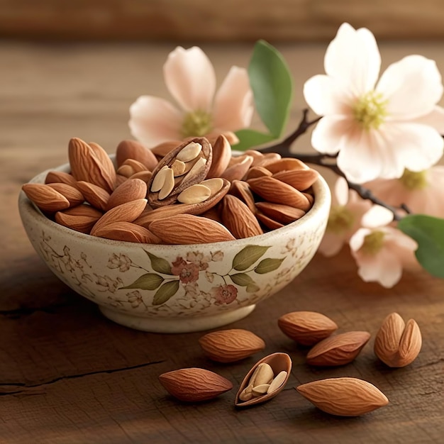 Almonds in a bowl with flowers on the table