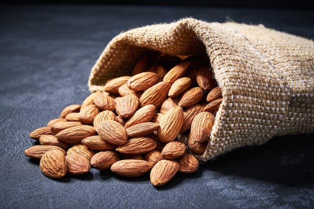 Almonds in burlap bag