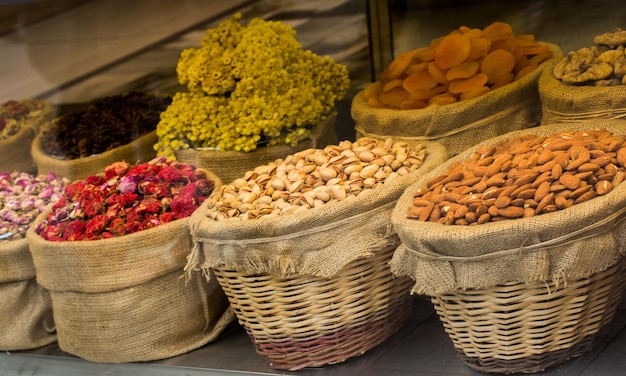 Almonds figs apricots pistachios and herbal teas