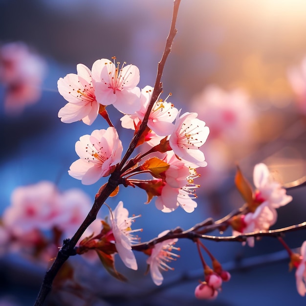 ALMONDS FLOWER ISOLATED ON BLUE AND PINK BACKGROUND