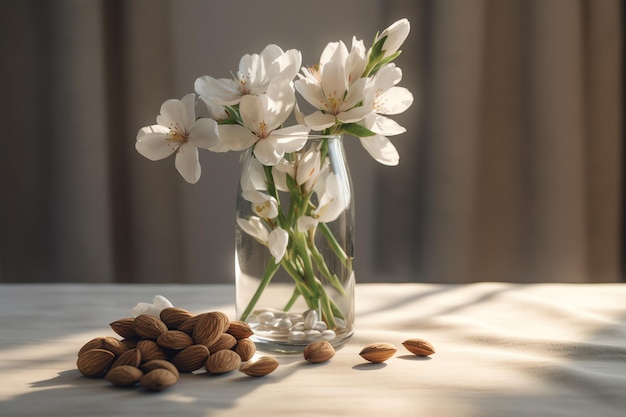 Almonds in a glass vase with almonds on a table