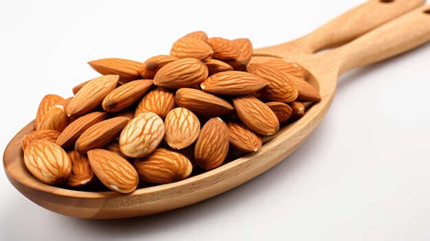 Almonds nut on wooden spoon on white background close view