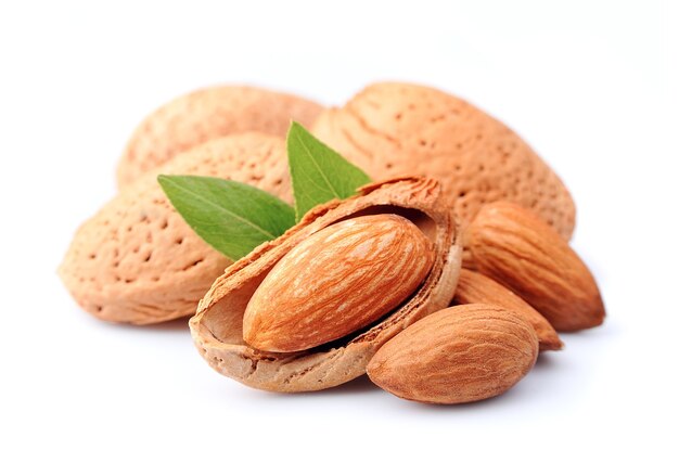 Almonds nuts with leaves close up .