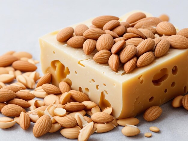 Almonds and peanuts lie on piece of swiss