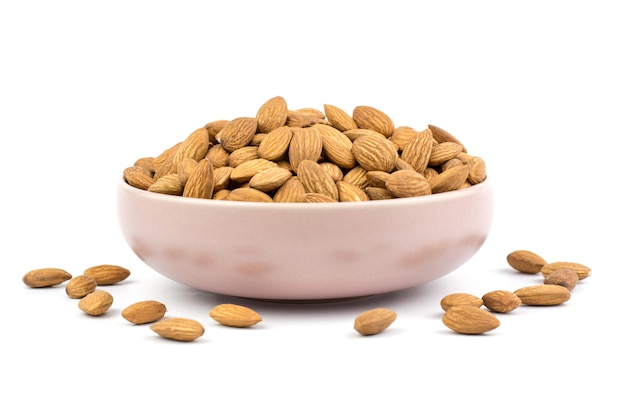 Almonds in pink porcelain bowl 