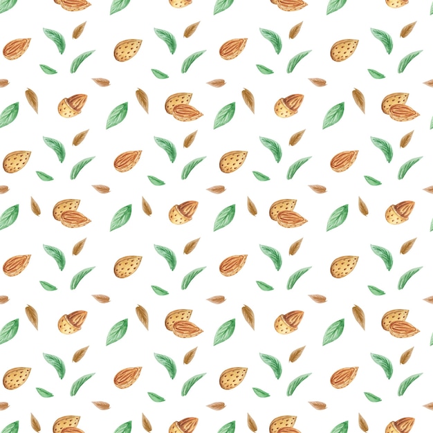 Photo almonds seamless pattern, watercolor nuts digital paper, almonds with leaves paper