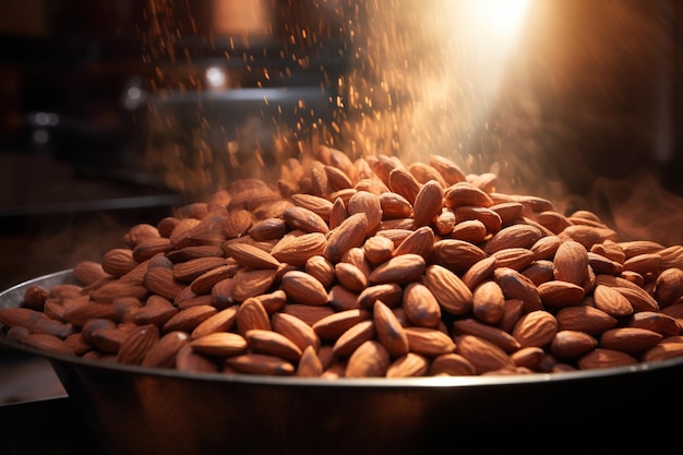 Photo almonds tumbling in a copper roaster golden hue