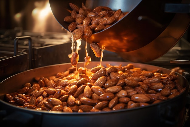 Almonds tumbling in a copper roaster golden hue