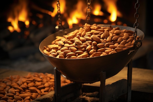 Almonds tumbling in a copper roaster golden hue