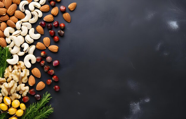 Photo almonds walnuts cashews hazels pine nuts on grey snowy background top view