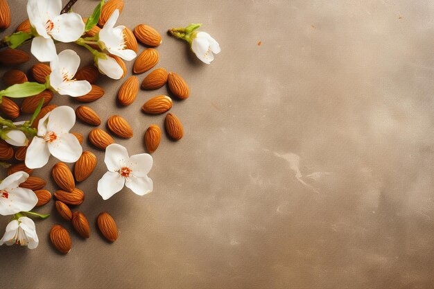 Almonds and white flowers arranged on a textured surface