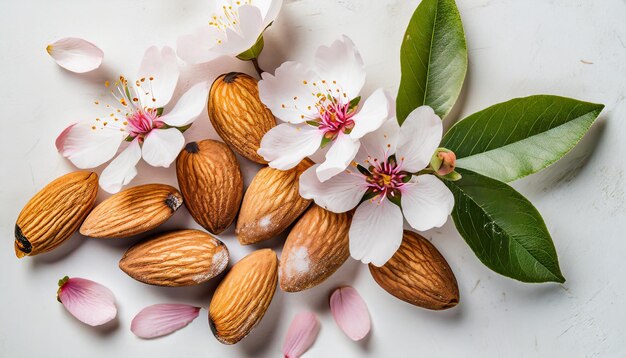 Almonds with flowers on white background