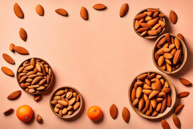 Almonds in wood bowl with pink background