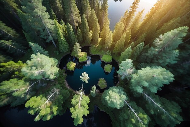 Photo an almost perfect circular lake shot straight down from the air resembles the earth surrounded by a pine forest