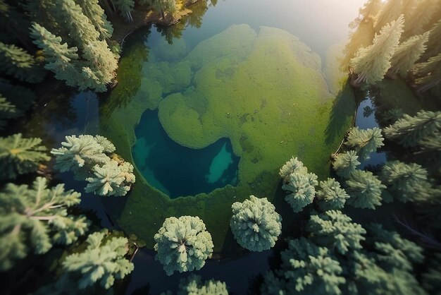 An almost perfect circular lake shot straight down from the air resembles the earth surrounded by a pine forest