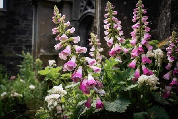 Alnwick England Tombstone and foxglove flourish in churchyard