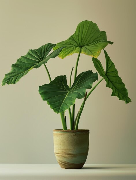 사진 비에 있는 알로카시아 코끼리 귀 식물 (alocasia elephant ear plant in pot) - 고립된 단색 배경에서 스튜디오 사진 촬영, 가정용 꽃 식물 프로파일 사진, ai 생성 일러스트레이션, 식물용 앱 사진