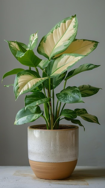 Alocasia lauterbachiana with green and white leaves in a ceramic pot