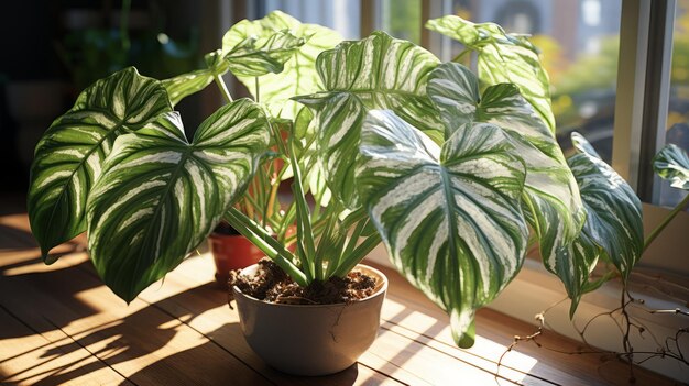 Alocasia macrorrhizos indoors and exposed to sunlight