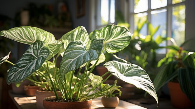 Photo alocasia macrorrhizos indoors and exposed to sunlight