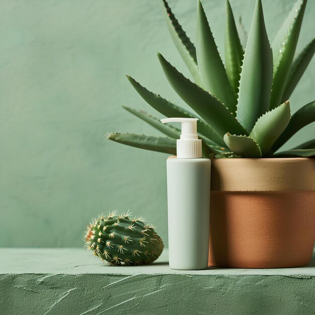 An aloe plant beside a bottle of lotion and cactus