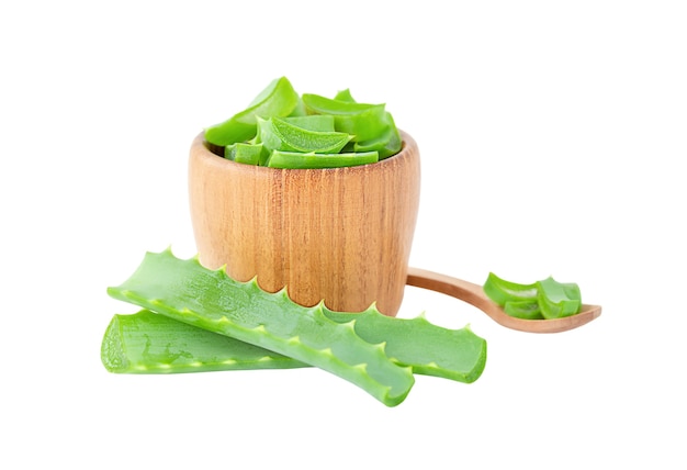 Aloe in small wooden bowl isolated on white background