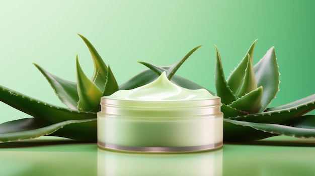Aloe vera cosmetic cream with green leaf on green background ai generated image
